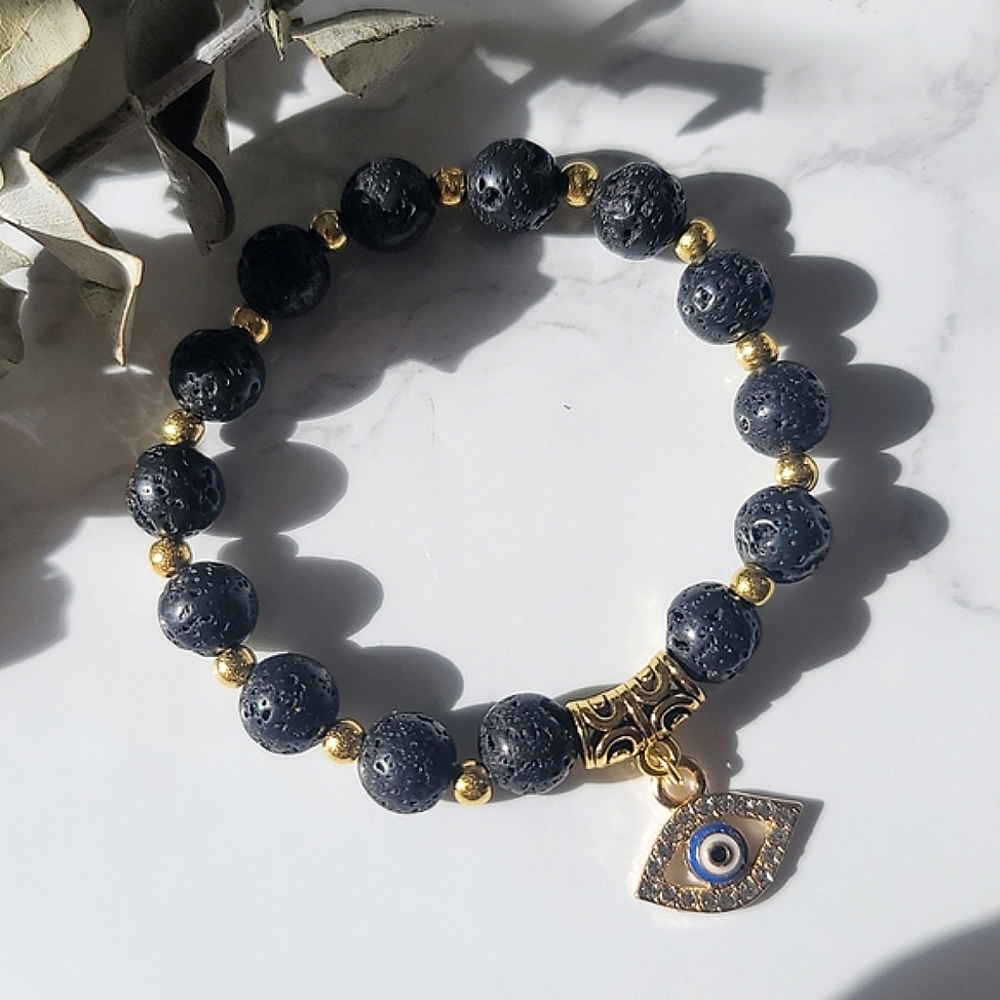 Lava Stone Evil Eye Charm Stretch Bracelet
